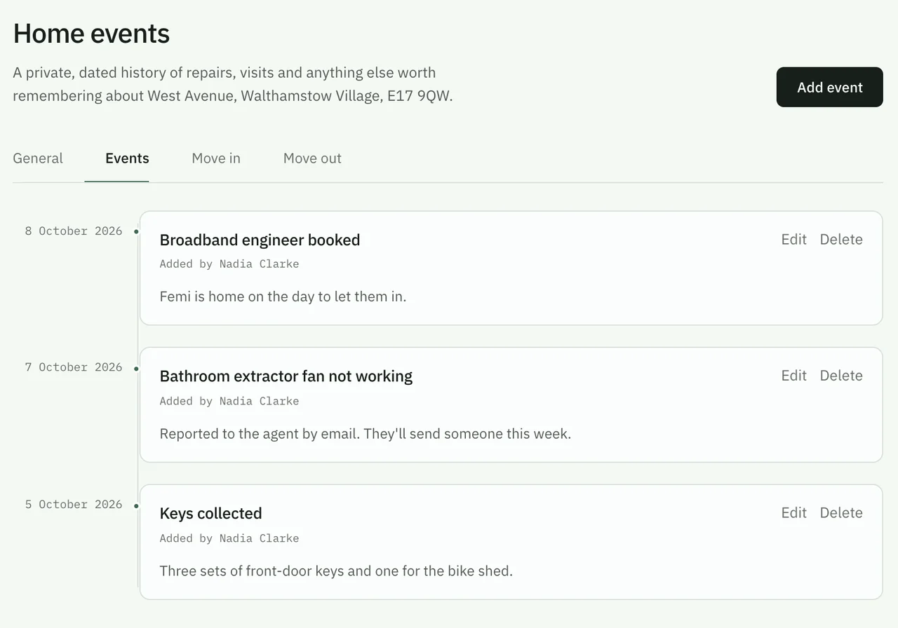 A demo home timeline recording repair visits and household events with dates and notes.
