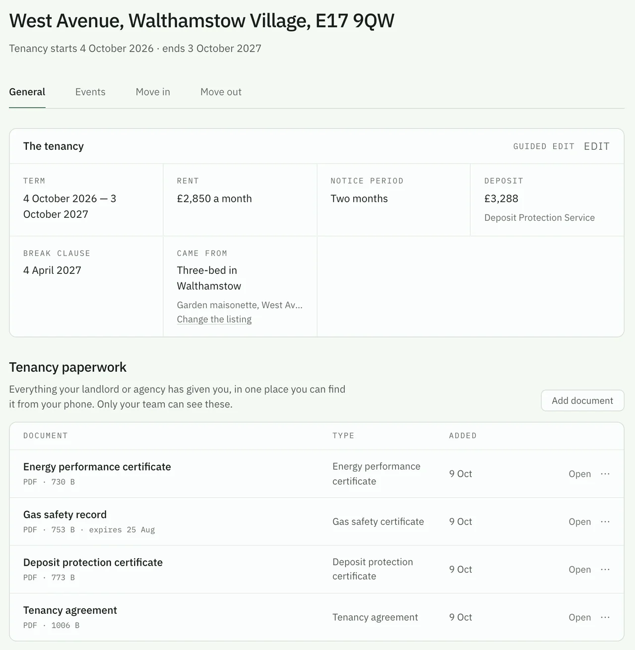 A demo home workspace with tenancy details and important paperwork.