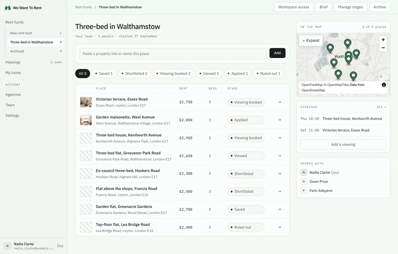 A demo rent hunt with eight saved properties, rent and viewing stages, a map and upcoming viewings.