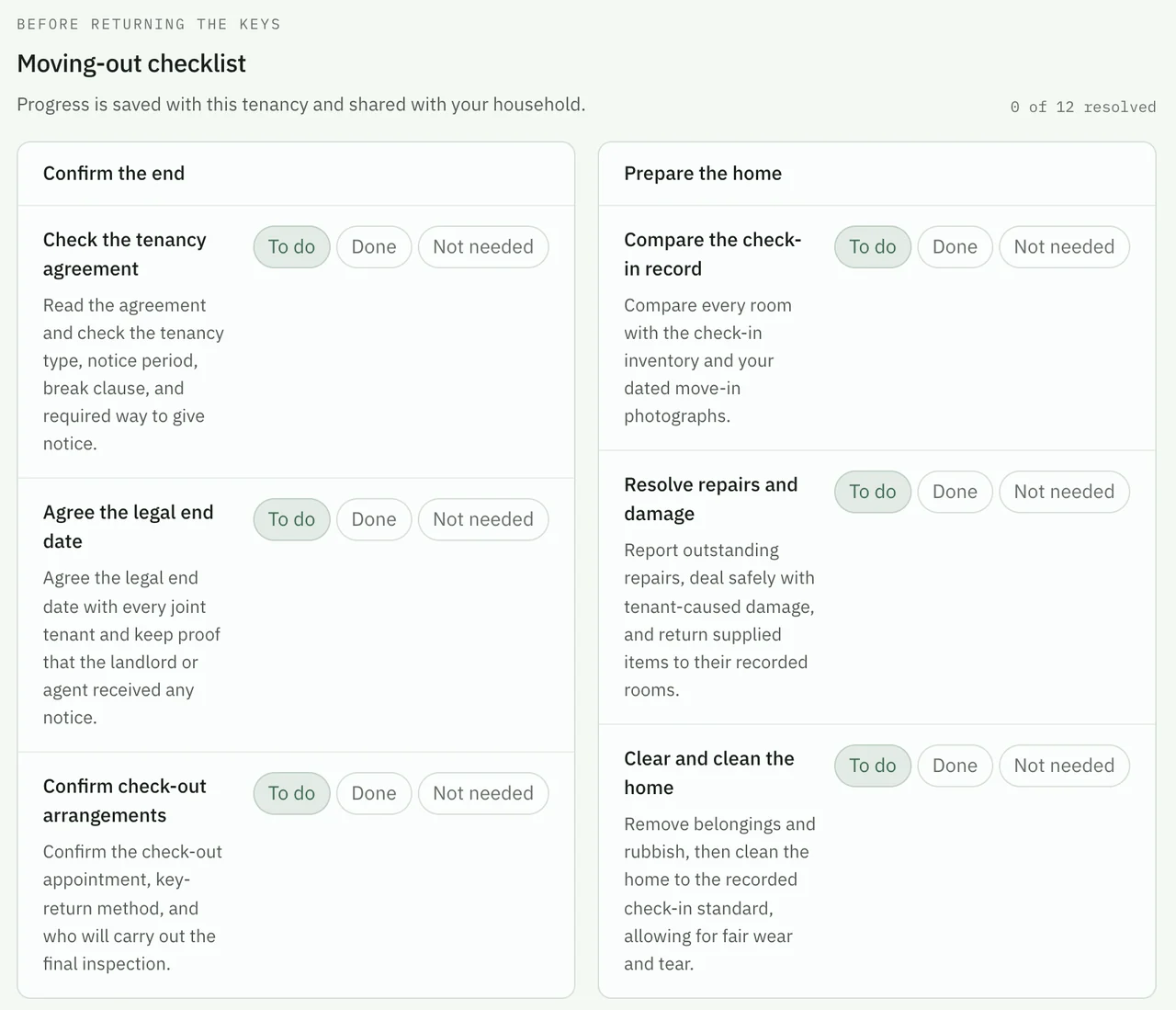 A guided moving-out plan with tenancy dates and a practical handover checklist.